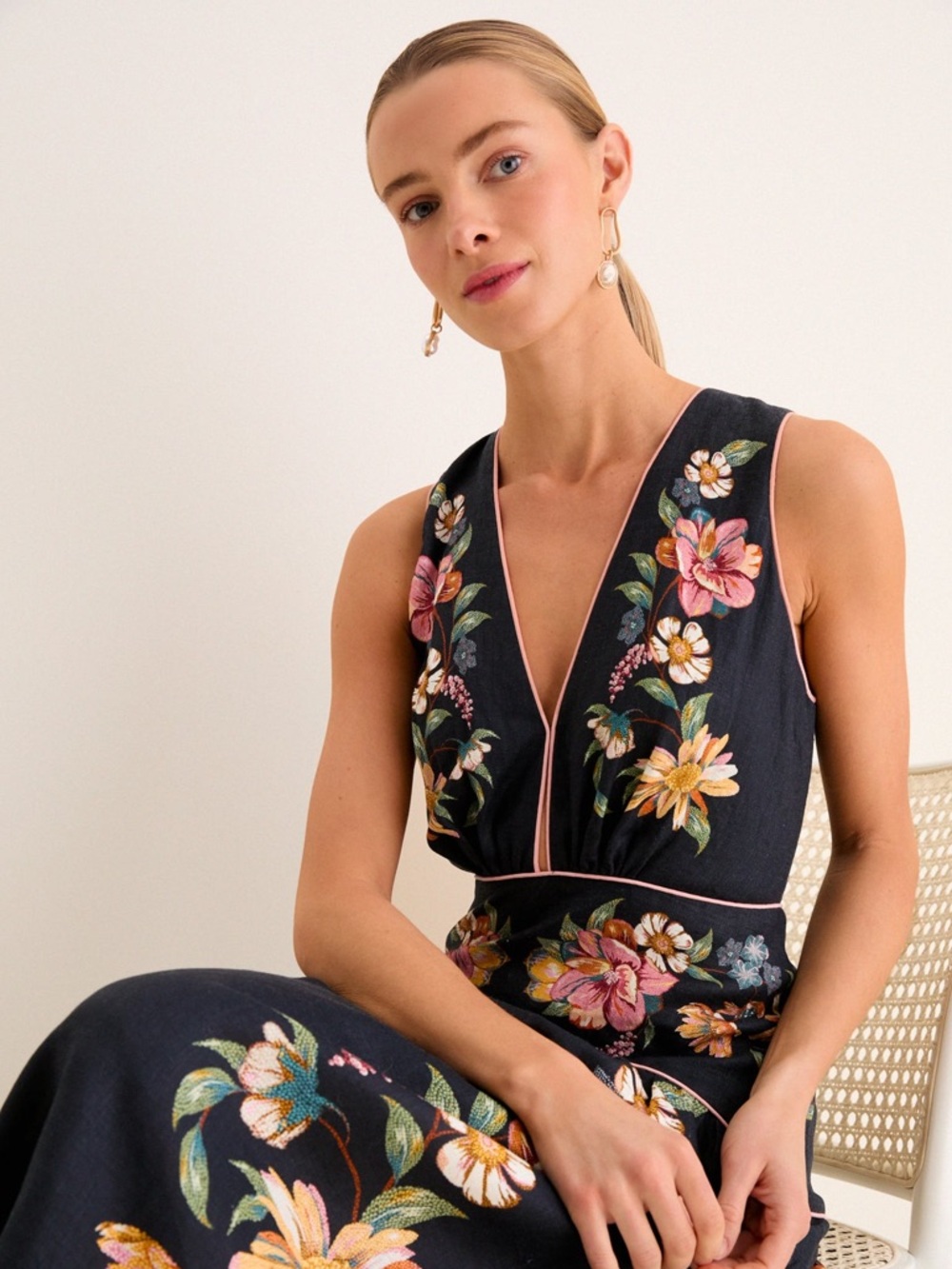 FARM Rio Maira Floral Dark Blue Linen Midi Dress Size XS NWT - Picture 15 of 16